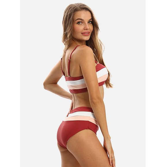 High-Waisted Colorblock Bandeau Bikini Set in Red - Picture 4 of 12